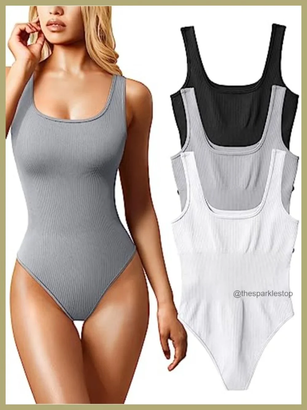 3 Piece Ribbed Square Neck Tank Bodysuits Seamless Sleeveless Leotard